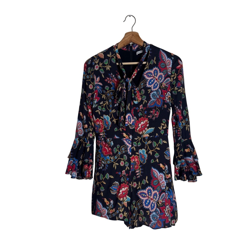Alice‎ + Olivia Women's Floral Tie Neck Ruffle bell Sleeve Romper Black Size 2 S